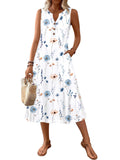 Zeagoo Summer Dresses for Women 2026 Aline Dress Sleeveless V Neck Tank Flowy Midi Summer Bohemian Resort Vacation Cruise Beach Cute Loose Trendy Dress with Pockets White Floral