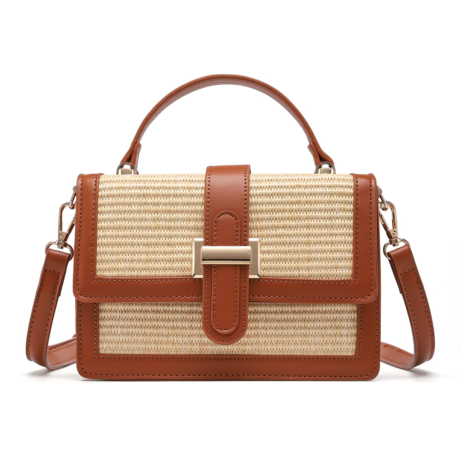 Straw Crossbody Bag for Women, Vegan Leather Patchwork Summer Purse with Top Handle, Small Woven Shoulder Handbag for Beach Vacation, Wedding, or Casual Daily Use