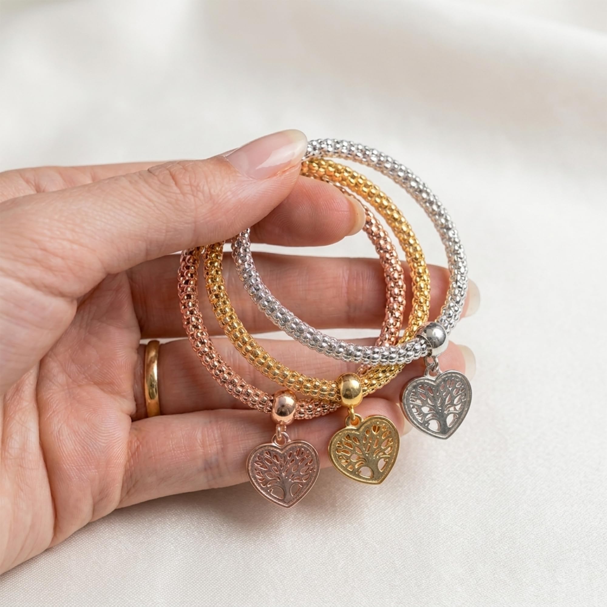 Aphrodite's Tree of Life Heart Edition Charm Bracelet with Austrian Crystals – Gold, Silver & Rose Gold Plated Popcorn Chain Bracelet Set for Women