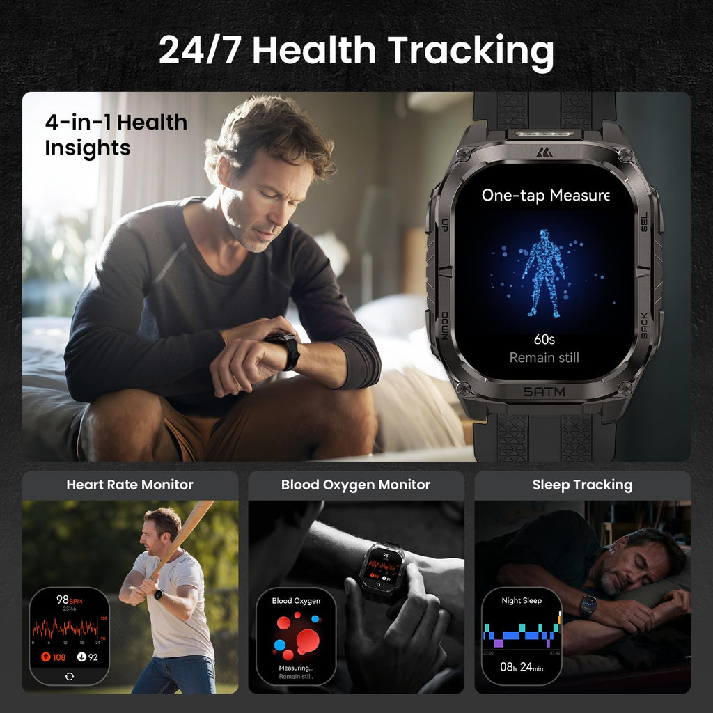 KOSPET Tank M4C Outdoor Smart Watch with GPS, 1.96" AMOLED Display, Built-in LED Flashlight & Walkie-Talkie, Long Battery Life, 50m Waterproof, Bluetooth Calls, 24/7 Heart Rate/Sleep Monitor