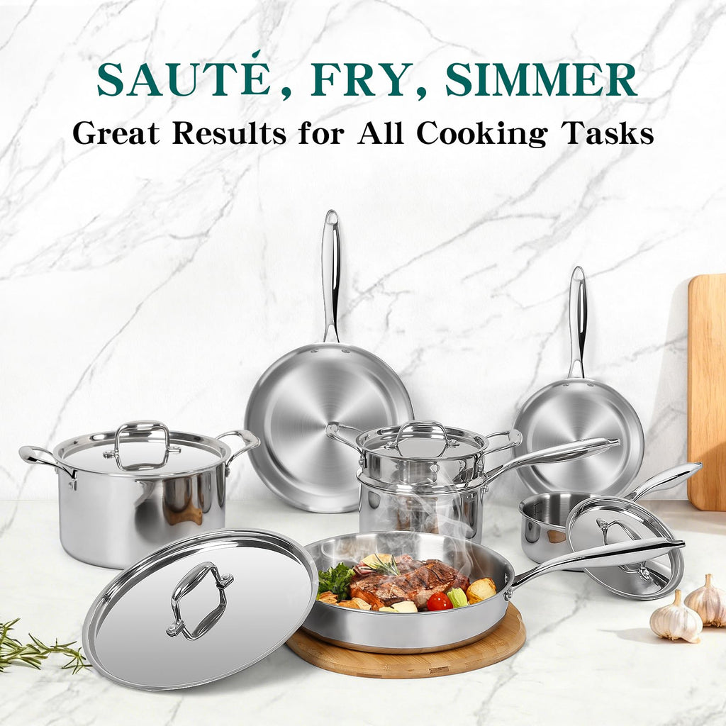 EWFEN Pots and Pans Set, 3 Ply 11 Piece Stainless Steel Cookware Set, Oven Dishwasher Safe | Induction Compatible Frying Pans, Saucepans, Saute Pan & Stock Pot, PFOA Free Kitchen Skillet