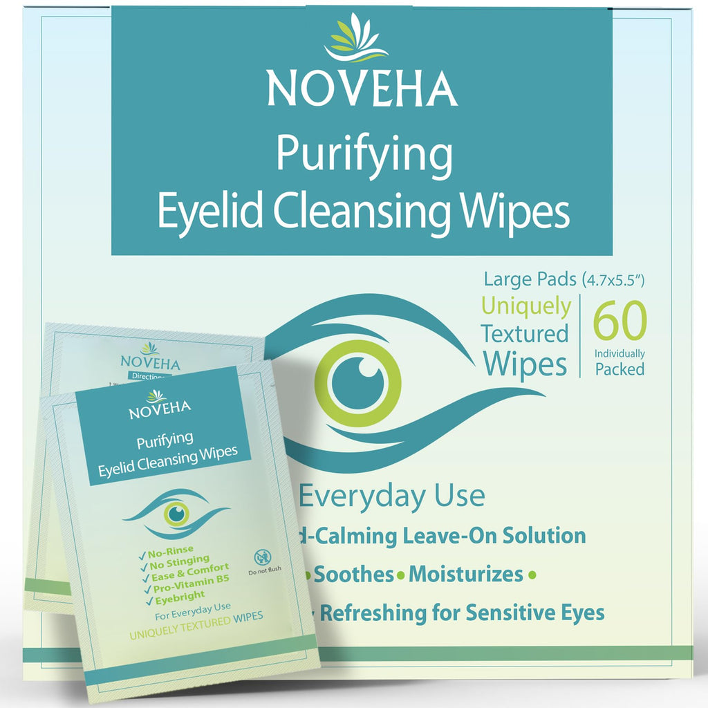 NOVEHA Eyelid & Lash Wipes | For Itchy, Dry Eyes, Styes & Blepharitis | lid and lash Cleansing Wipes, Hypoallergenic & Soothing For Sensitive Eyes, Pack of 60