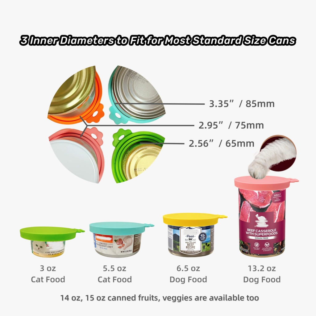 MoPawKT- Silicone Pet Food Can Covers Lids, 3 Inner Diameters 2.6”/3”/3.4” Fits 3-15 oz Standard Cat Dog Food Cans, Multi-Size Canned Covers, BPA Free, Reusable (Blue+Green, 1 spoon)