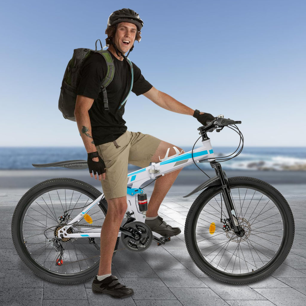 Arligaaduo 26 Inch Foldable Mountain Bike, 21 Speed Folding Mountain Bike with Double Shock Effect, Full Suspension Powerful Mechanical Dual Disc Brakes, Unique Design and Ergonomic Frame & Cushion
