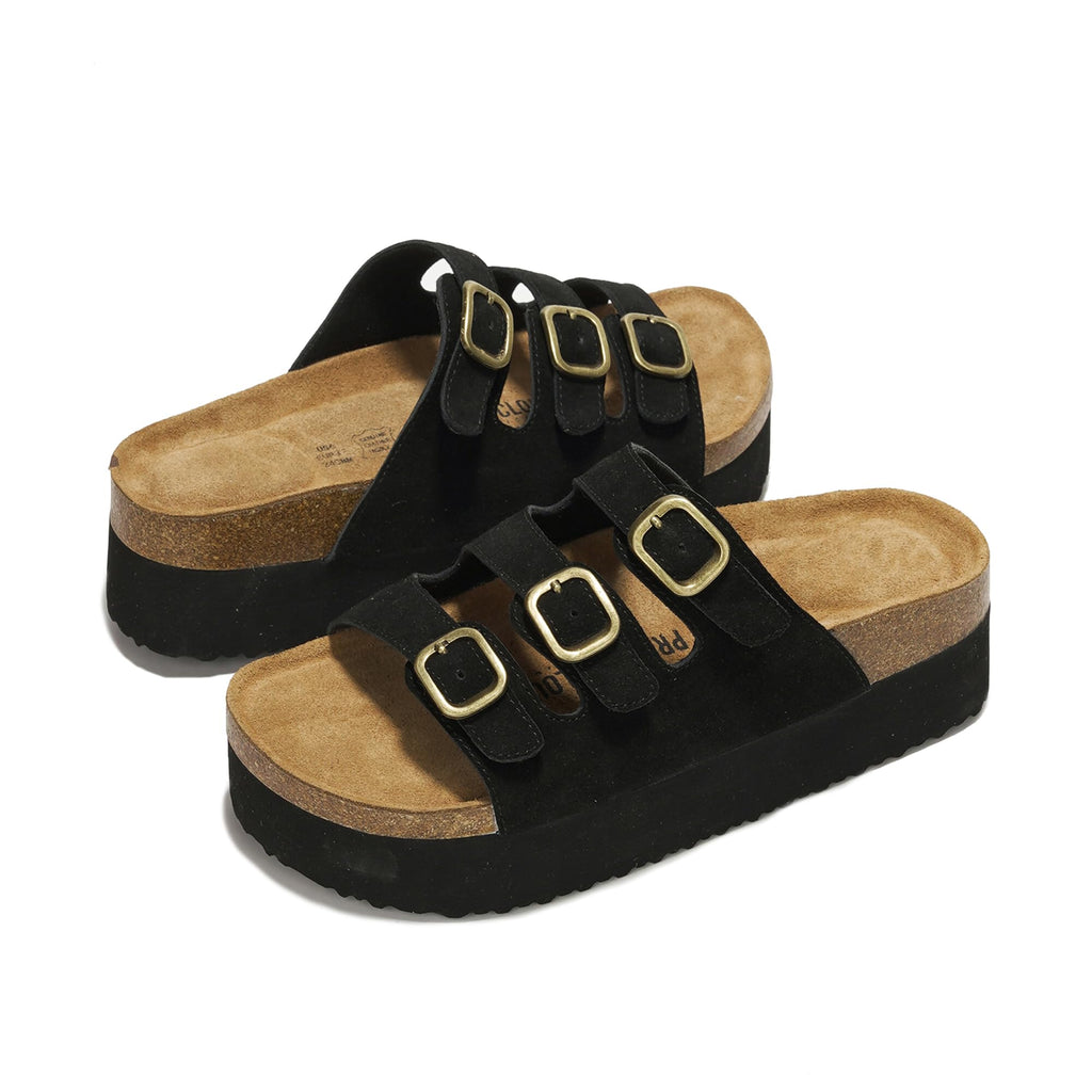 Project Cloud 100% Genuine Leather Platform Sandals Women Footwear - Comfortable Womens Slides Memory Foam Insole - Non Slip Water-Resistant 3-Strap Wedge Sandals for Women 2026 (Dyan, Black, 5.5)
