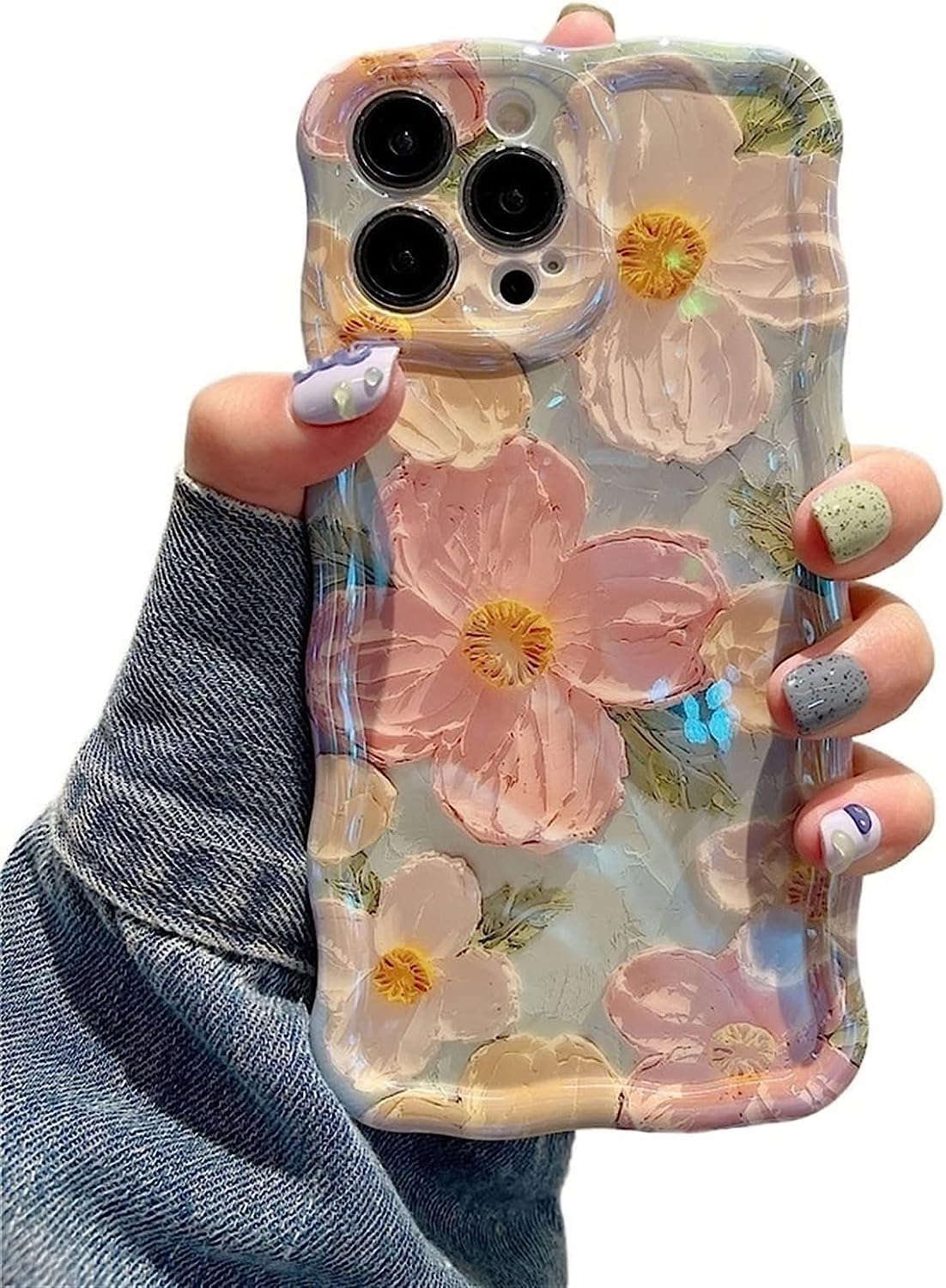 EYZUTAK Case for iPhone 15 Pro Max, Colorful Retro Oil Painting Printed Flower Laser Glossy Pattern Cute Curly Wave Edge Exquisite Phone Cover Stylish Durable TPU Protective Case for Girls Women-Green