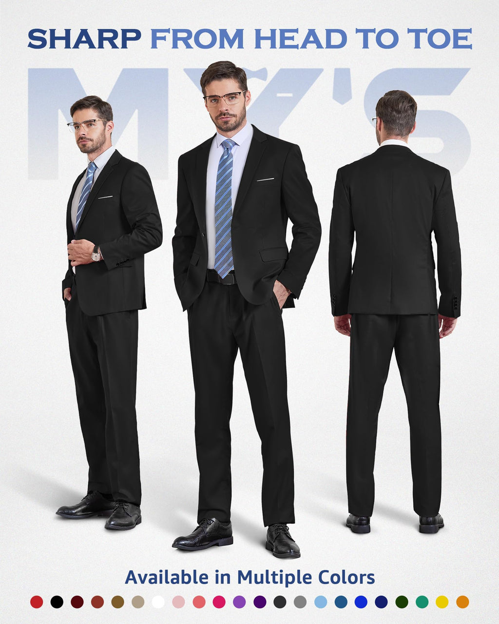 MY'S Men's 2 Piece Suit with Tie, One Button Slim Fit Solid Jacket and Pants Set, Suits for Men Party Prom Wedding & Business, Black