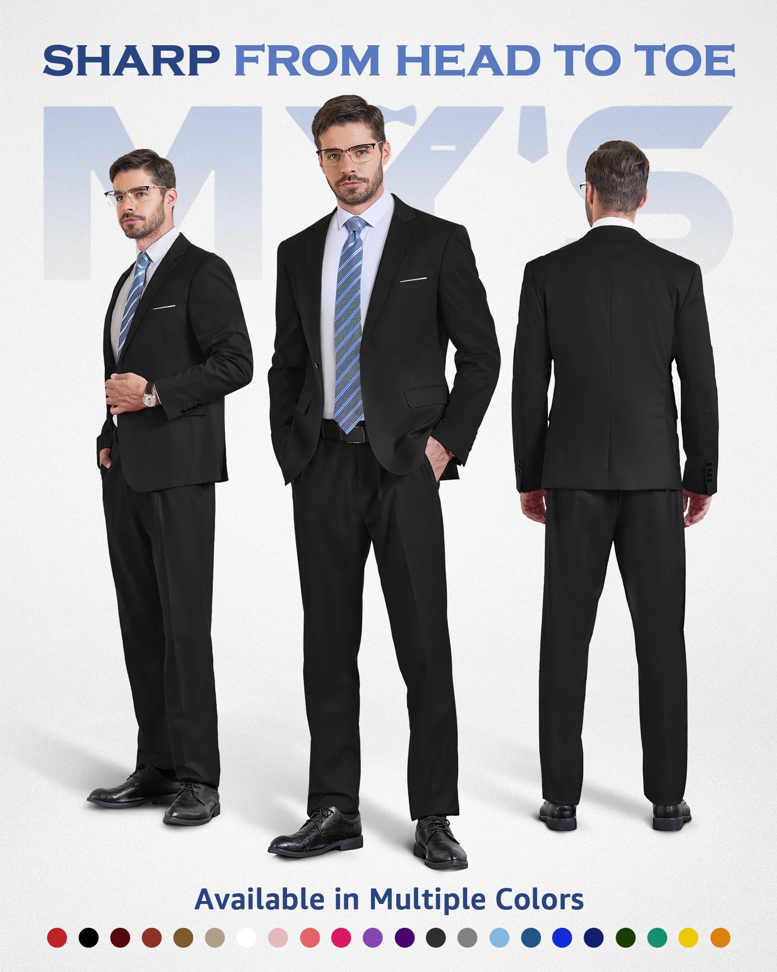 MY'S Men's 2 Piece Suit with Tie, One Button Slim Fit Solid Jacket and Pants Set, Suits for Men Party Prom Wedding & Business, Black