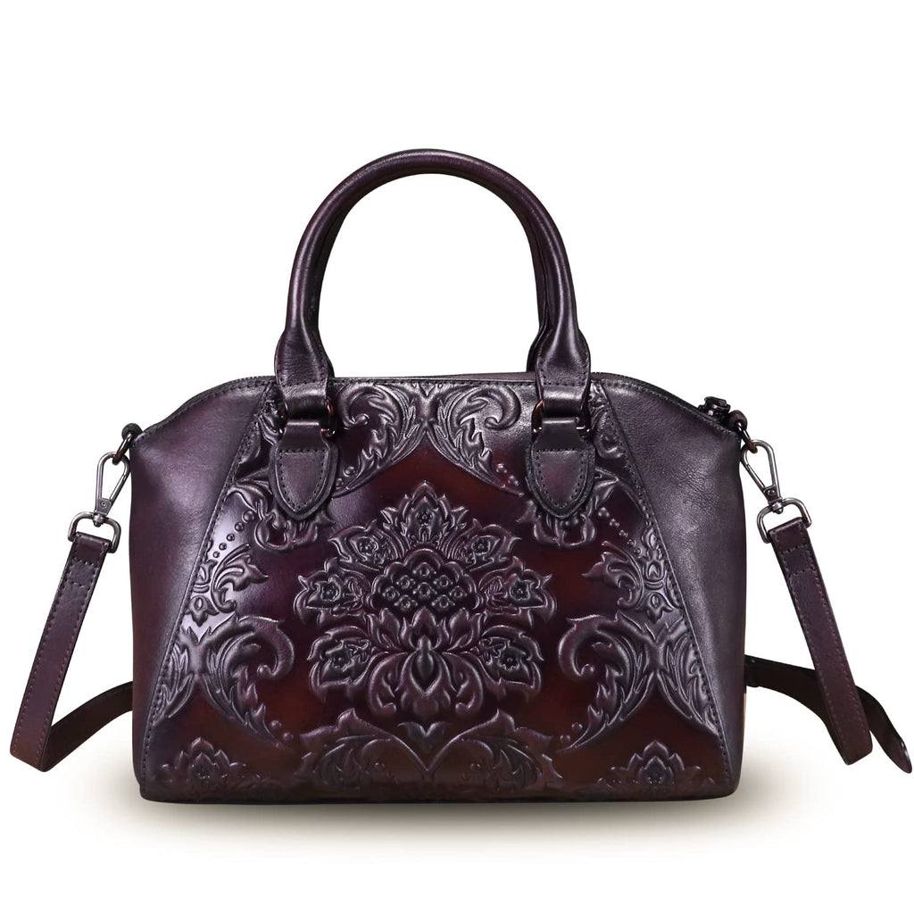 Genuine Leather Satchel for Women Top Handle Bags Handmade Purse Vintage Embossed Leather Crossbody Handbags Hobo Bag (Coffee)