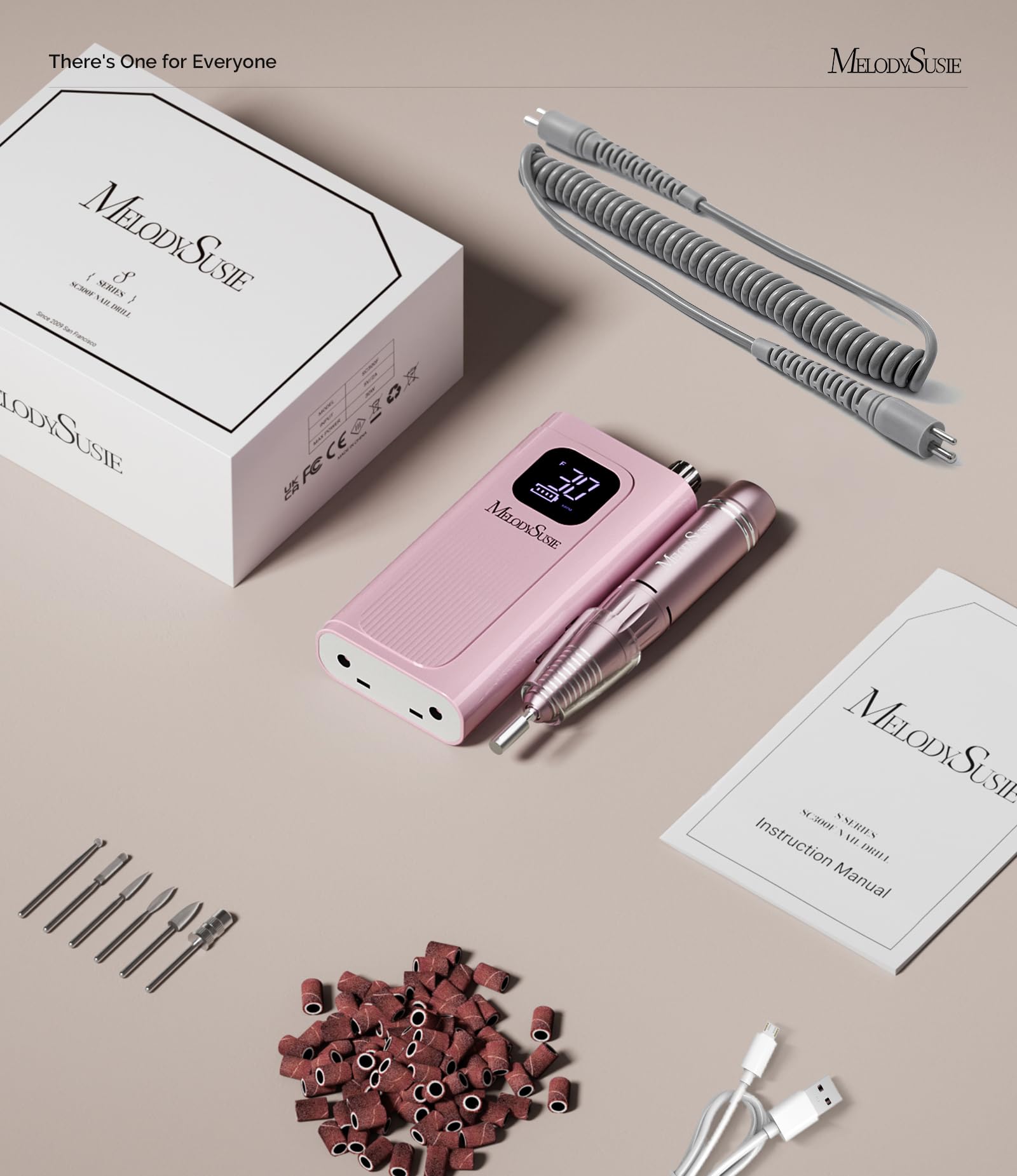 MelodySusie Entry-Level Clip-On Cordless Essential Nail Drill, SC300F 30000RPM E-File with LCD Display for All Manicure Shaping & Gel Removal, Ideal for Training, Nail Art Practice & Home Use, Pink