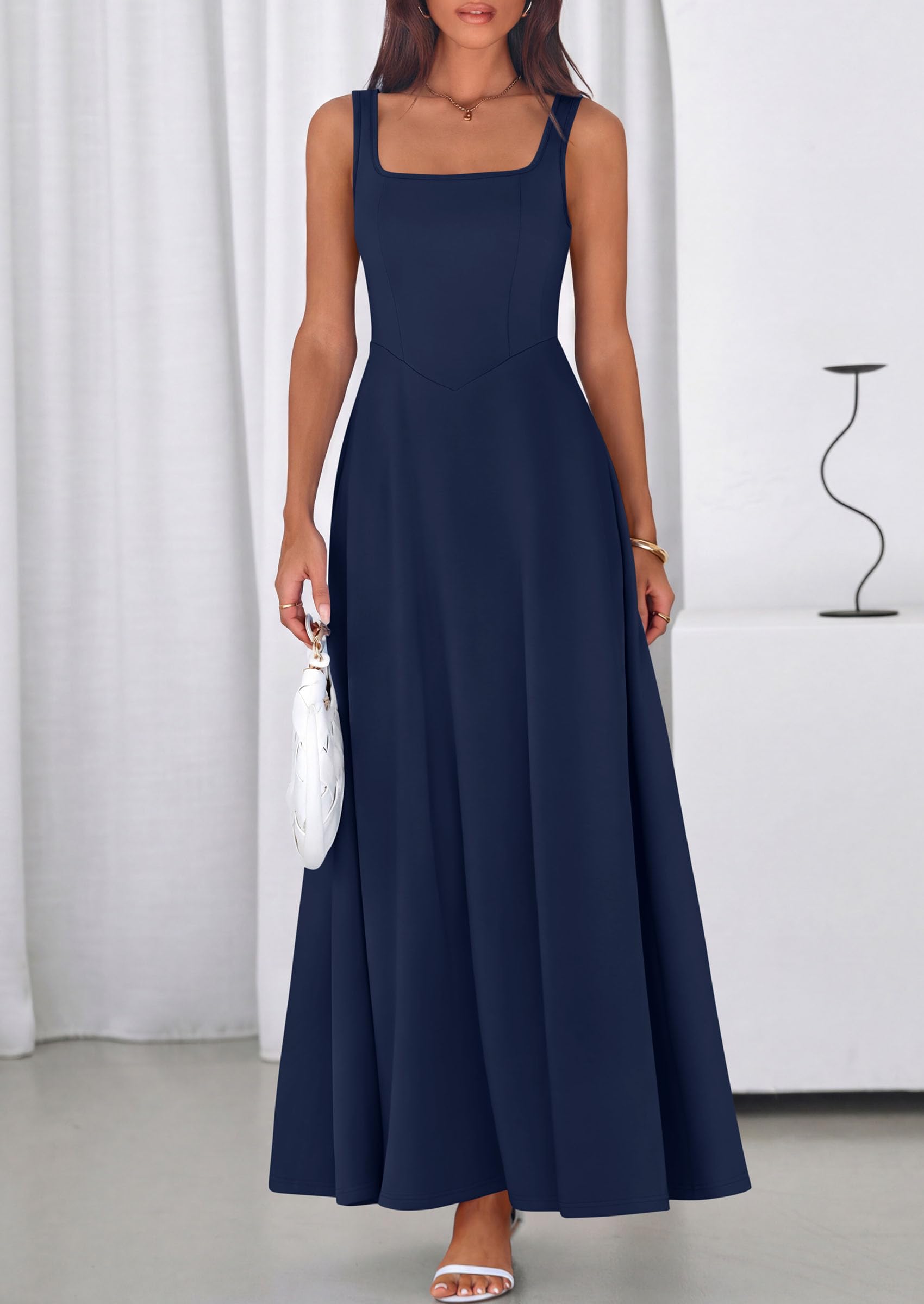 PRETTYGARDEN Womens Summer Dresses 2026 Sleeveless Elegant Square Neck Aline Swing Maxi Beach Wedding Guest Dress Pockets (Navy,Medium)