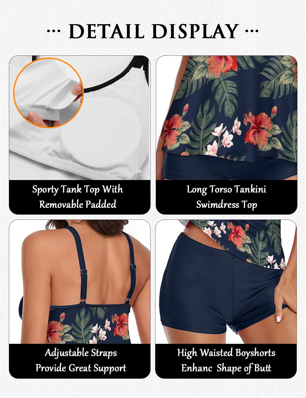 Stylish Swim Suits for Women Slimming Tankini Set Adjustable Straps 2 Piece Swimwear Tropical Hawaii Beach Pool Party Photoshoot Flattering Hides Belly Perfect for Vacation Tropical Navy XXL
