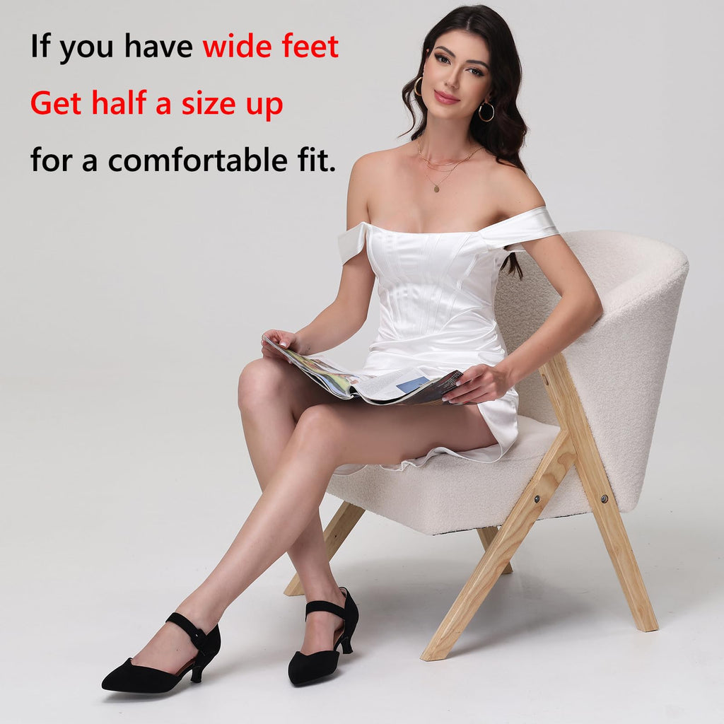 RIBONGZ Black Comfortable Kitten Heels Suede Prom Low Heels for Women Closed Pointed Toe Slip on Ankle Strap Buckle Pumps Church Wedding Bridal Party Dressy Shoes 8