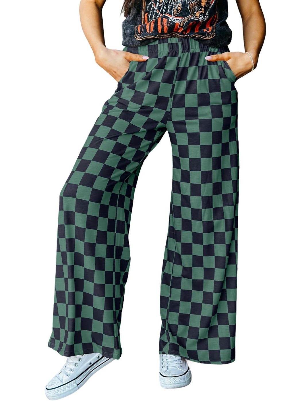 Acelitt Women's Casual Checkered Pants 2026 Spring Summer Lightweight Elastic Waist Comfy Loose Wide Leg Plaid Beach Pants Trousers Vacation Outfits Green XX-Large