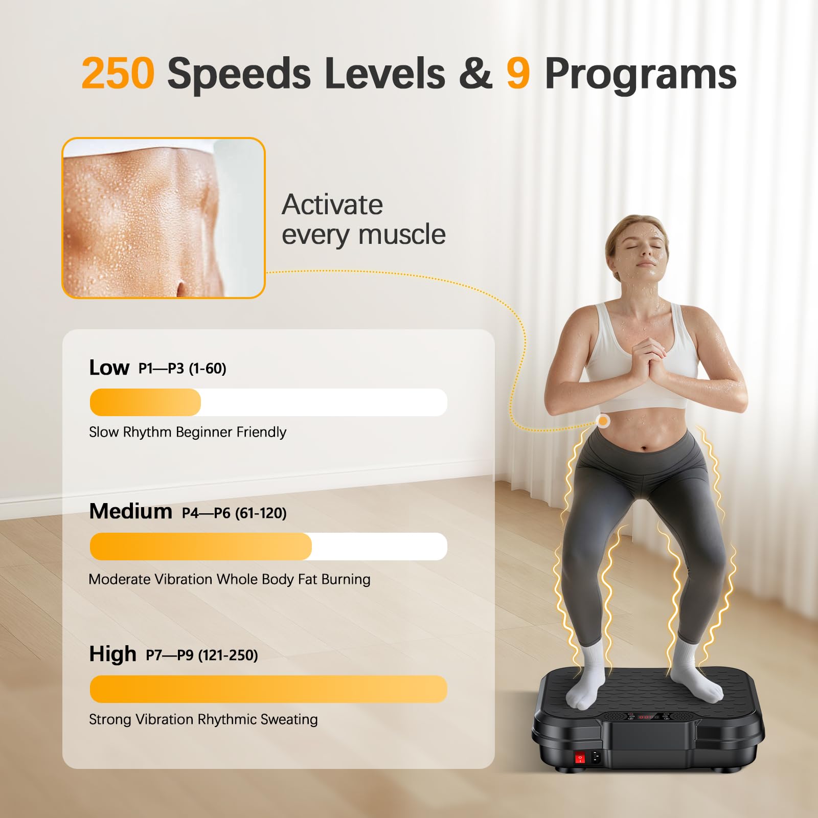 Vibration Plate Exercise Machine, 250 Speeds Home Fitness Vibrating Plate for Lymphatic Drainage, Vibration Plate 400 Lbs Capacity, Vibrating Plates for Weight Loss, Workout Equipment for Women Men