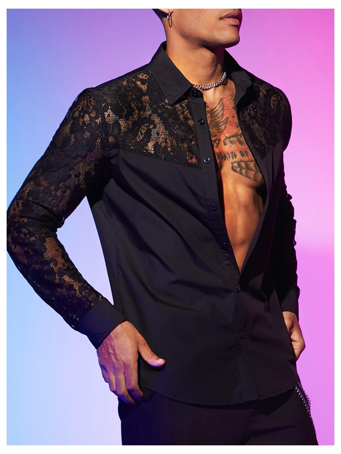 WDIRARA Men's Floral Lace Button Down Shirt See Through Long Sleeve Collared Top Sexy Clubwear Black X-Large