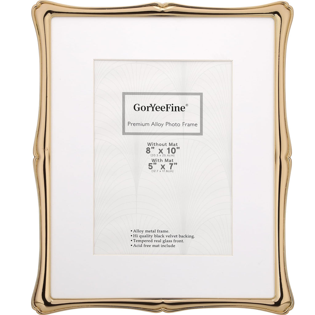 GorYeeFine 8x10'' Premium Alloy Gold Picture Frame with Acid Free Mat 5x7'',Hi-End Décor Metal Frames 5x7'' with Black Velvet Backing for Desktop Display and Wall Decor
