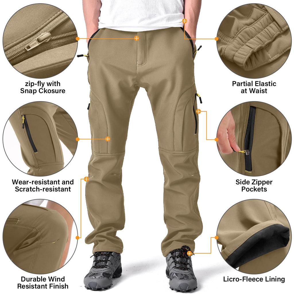 Toomett Men's Snow Pants Skiing Winter Insulated Soft Shell Outdoor Fleece Lined Hiking cargo Pants with Zipper Pockets,MH4409,Khaki,42