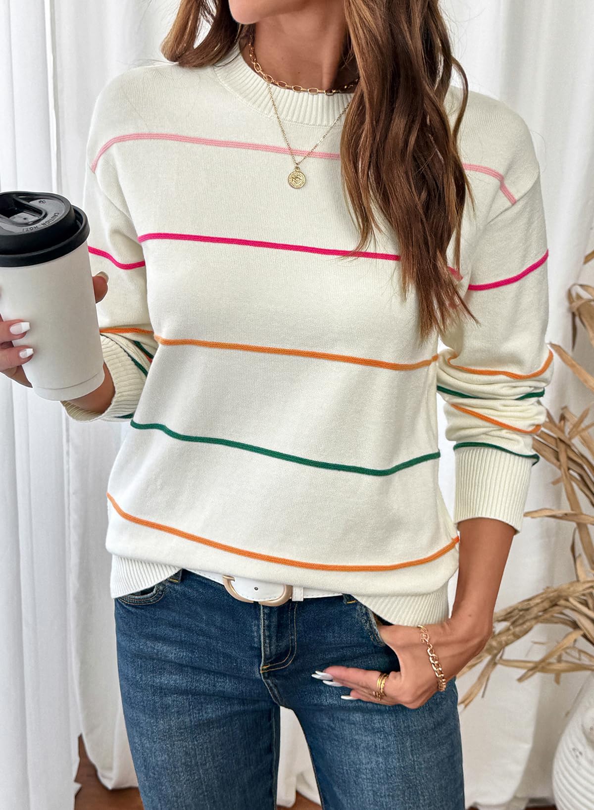 SHEWIN Womens Sweaters Crew Neck Striped Sweater Women Lightweight Womens Fall Tops Long Sleeve Tops Sweaters for Women Fall Outfits 2026 White Small