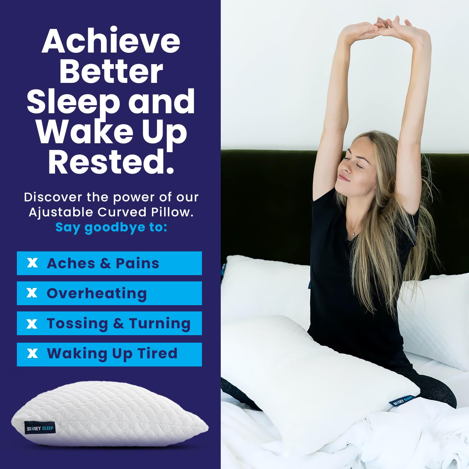 Sidney Sleep Adjustable Curved Pillows for Neck and Shoulder Support with Extra Shredded Fill - Cervical Contour Pillow for Side and Back Sleepers - Queen Size 19" x 29" CertiPUR-US Certified (White)