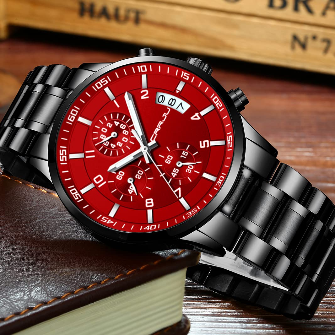 CRRJU Watches Men's Fashion Luxury Stainless Steel Watches Date Waterproof Chronograph Wristwatches,Casual Business Japan Movement Quartz Watch(Black red)