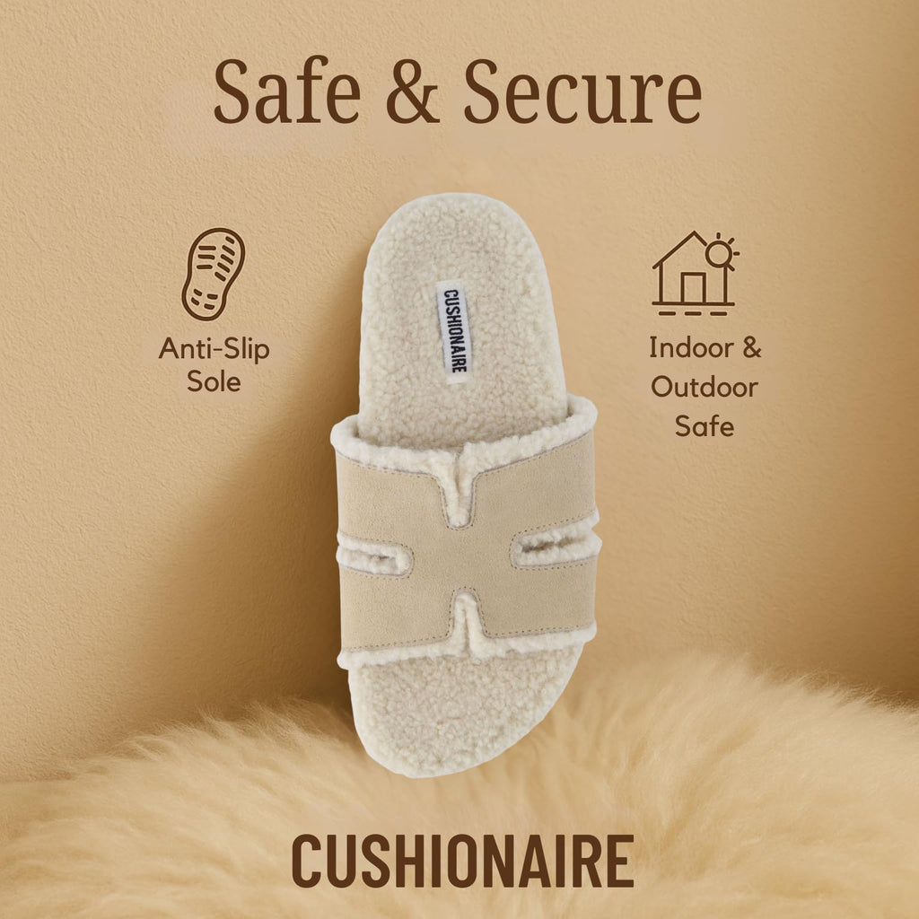 CUSHIONAIRE Cuddle Fur Slippers for Women Faux Shearling Slide Sandal +Memory Foam, cozy slippers, SAND 8