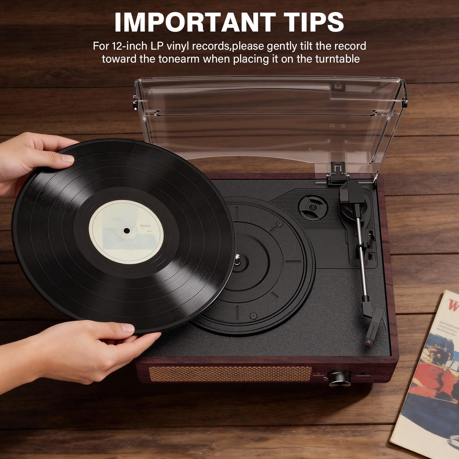 Vinyl Record Player Turntable with Built-in Bluetooth Receiver & 2 Stereo Speakers, 3 Speed 3 Size Portable Retro Record Player for Entertainment and Home Decoration