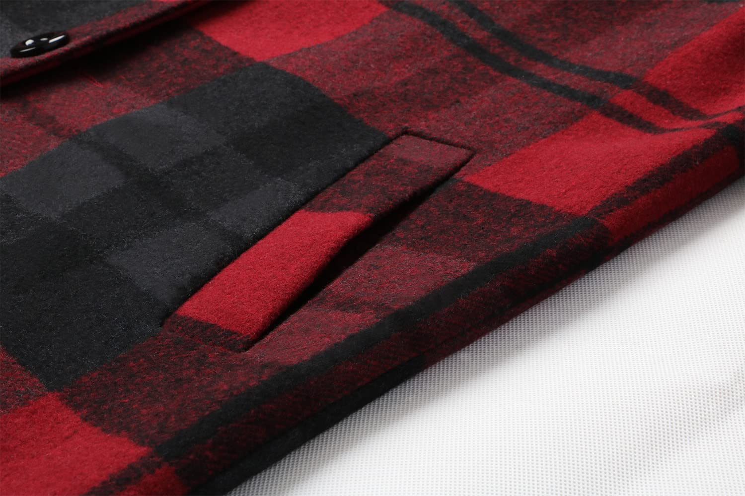 chouyatou Men's Casual Notched Collar Plaid Single Breasted Wool Blend Formal Trench Top Coat (Wine Red-Plaid, Large)