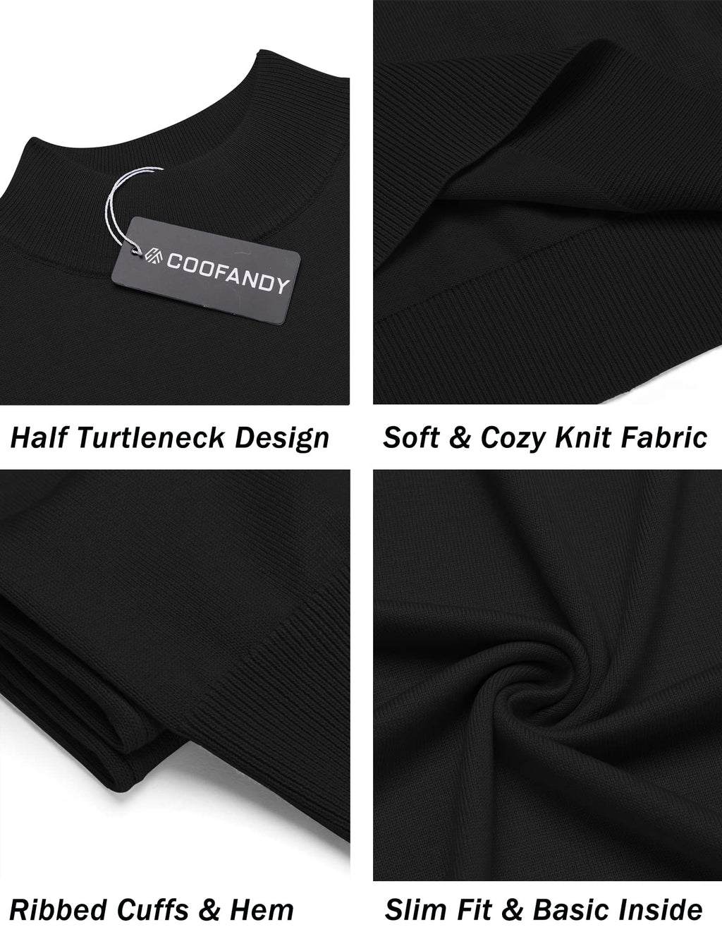 COOFANDY Mens Mock Neck Sweater Short Sleeve Black Turtleneck Pullover Sweater Fashion Slim Fit Knitted Thermal Underwear Tops All Black Small