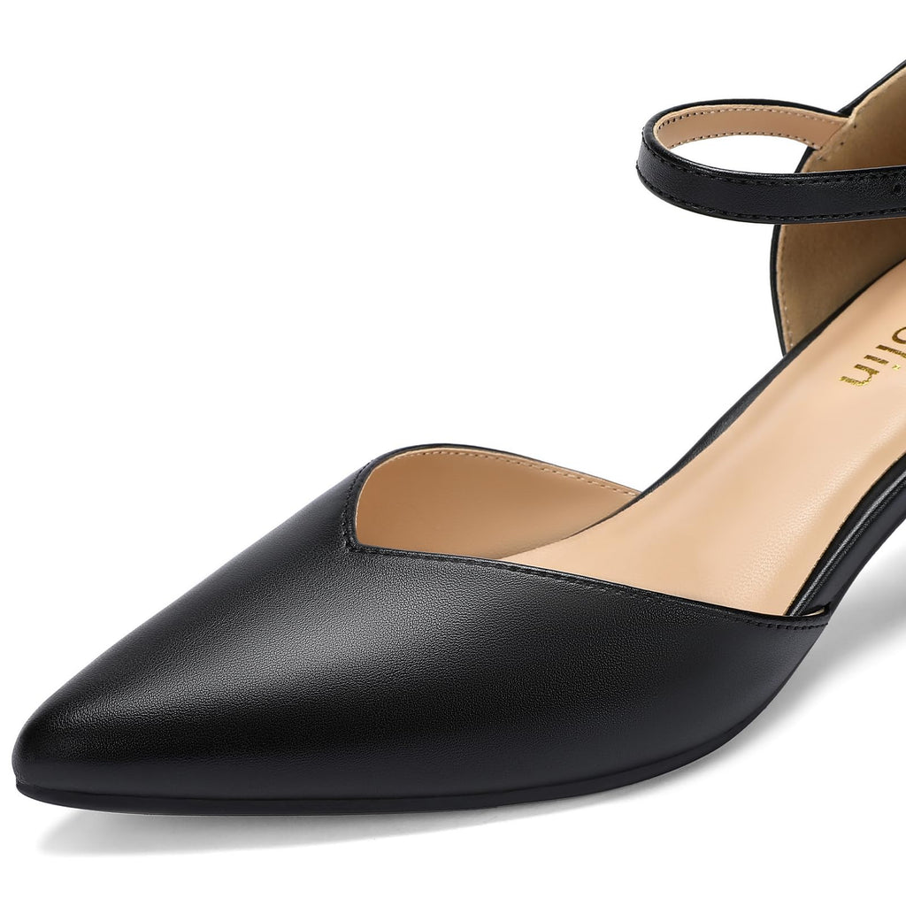 DOBOLIN Comfort Kitten Heels Pumps for Women Low Heels Ankle Strap Elegant Pointed Closed Toe Dress Dance Shoes for Party Wedding, Size 6 Black