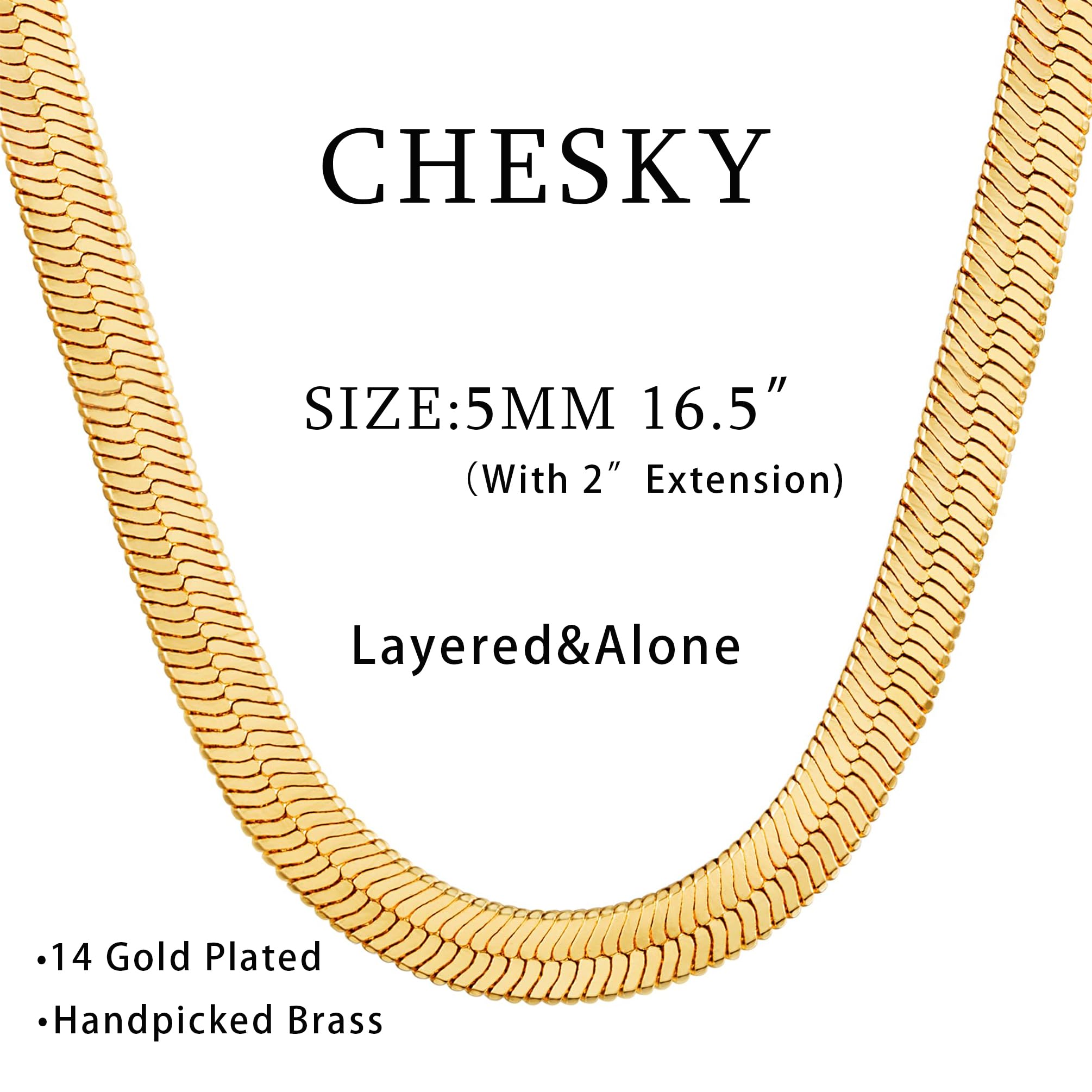 CHESKY Herringbone Necklace for Women, Dainty Gold Chain Necklace 14k Gold Plated 5MM Flat Snake Chain Necklaces Thick Chunky Chain Choker Necklaces for Women jewelry
