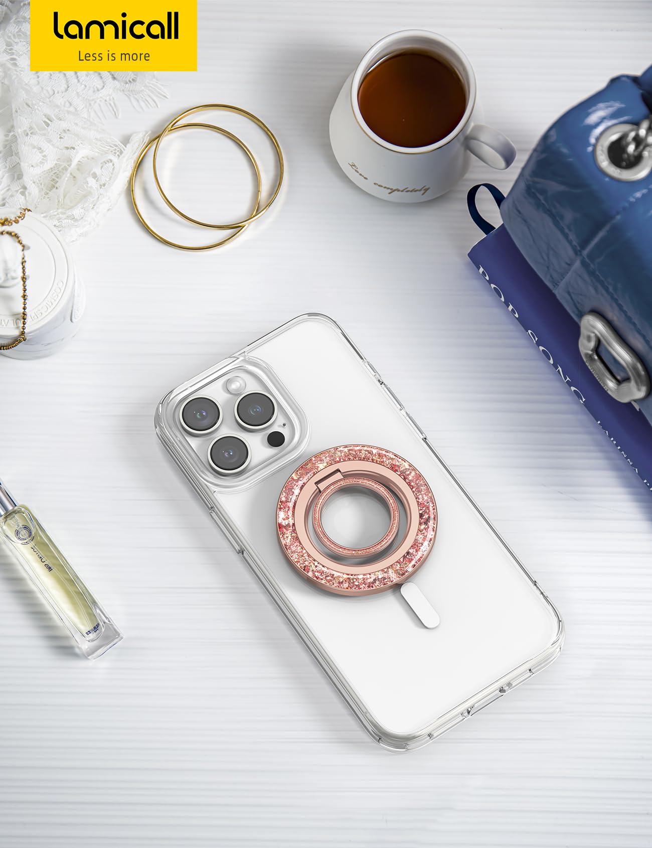 Lamicall Magnetic Twinkle Ring for MagSafe Grip - Stylish Glitter Gift for Women Grils, Magnet Phone Ring Finger Holder Stand, Gear Hinge Mag Safe Accessories for iPhone 17 16 Pro Max, Rose Gold