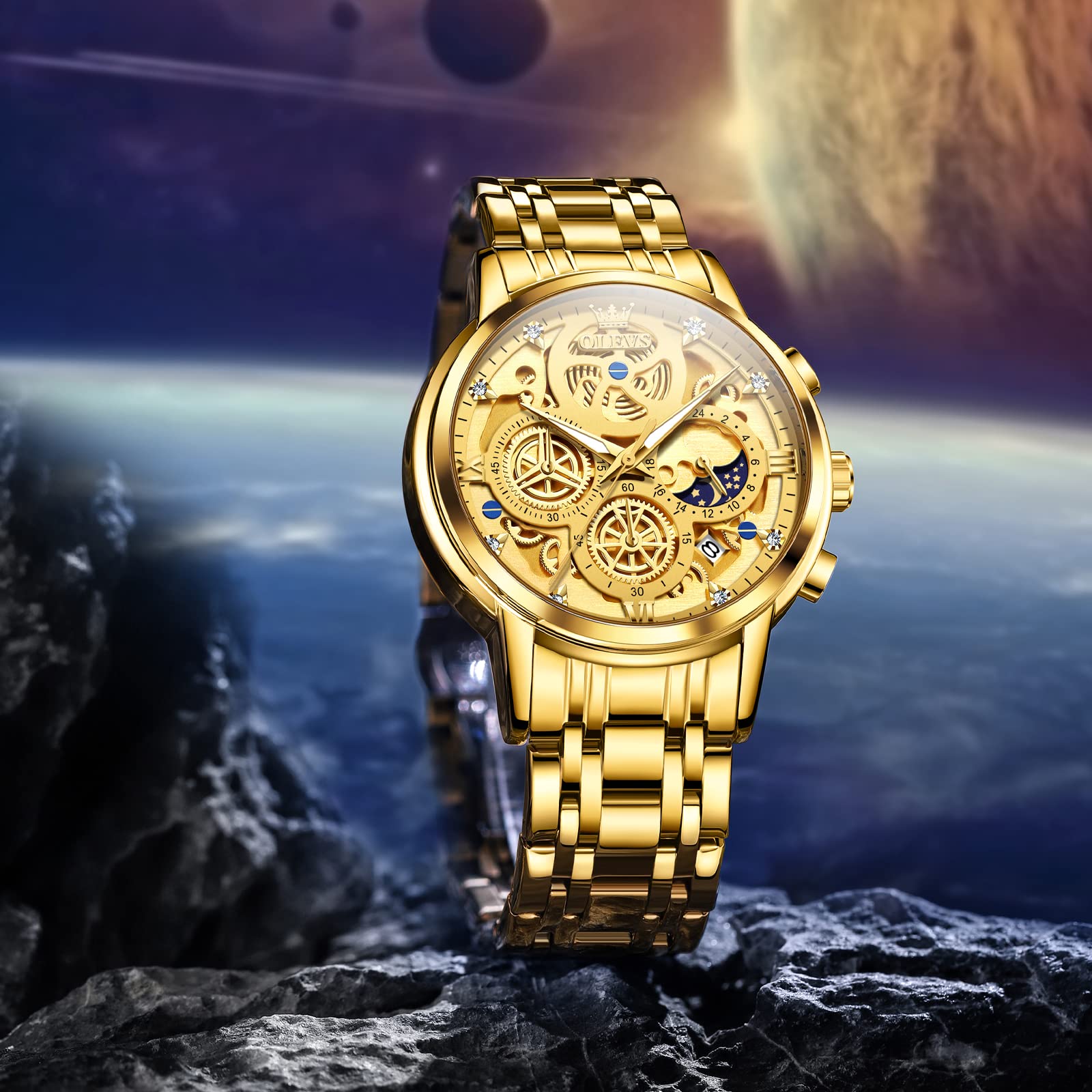 OLEVS Gold Watches for Men Stainless Steel Luxury Diamond Watch Chronograph Multifunction Business Mens Gold Watch with Date Mens Classic Dress Casual Watches Waterproof Sport reloj de hombre Gift for Men