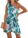 CUPSHE Women's Summer Dresses One Shoulder Tropical Self-tie Short Sleeveless Tiered Hem Formal Dress Casual Mini Dress Green