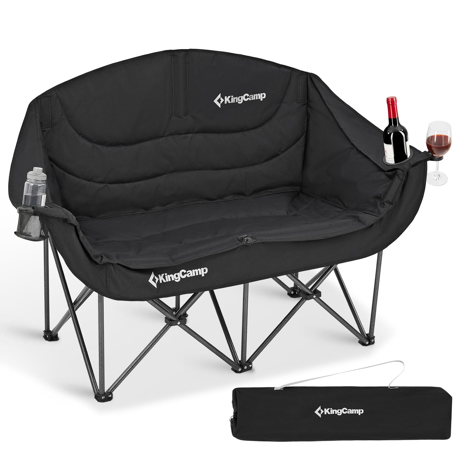 KingCamp Double Camping Chair, Oversized Heavy Duty 660lbs Loveseat for Adults Portable Folding XL 2 Person Couch Padded Comfortable Two Seat with Cup Holder for Outdoor Lawn Backyard, Black