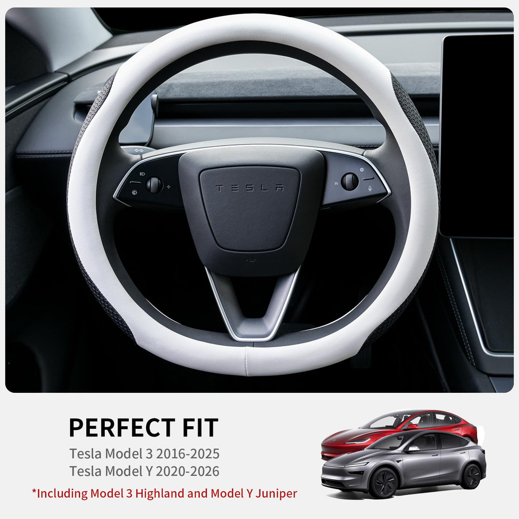 Uxcer Premium Leather Steering Wheel Cover for Tesla Model 3/Y 2016-2025 2026 Juniper/Highland, Non-Slip Breathable Tesla Model 3/Y Steering Wheel Protector, White