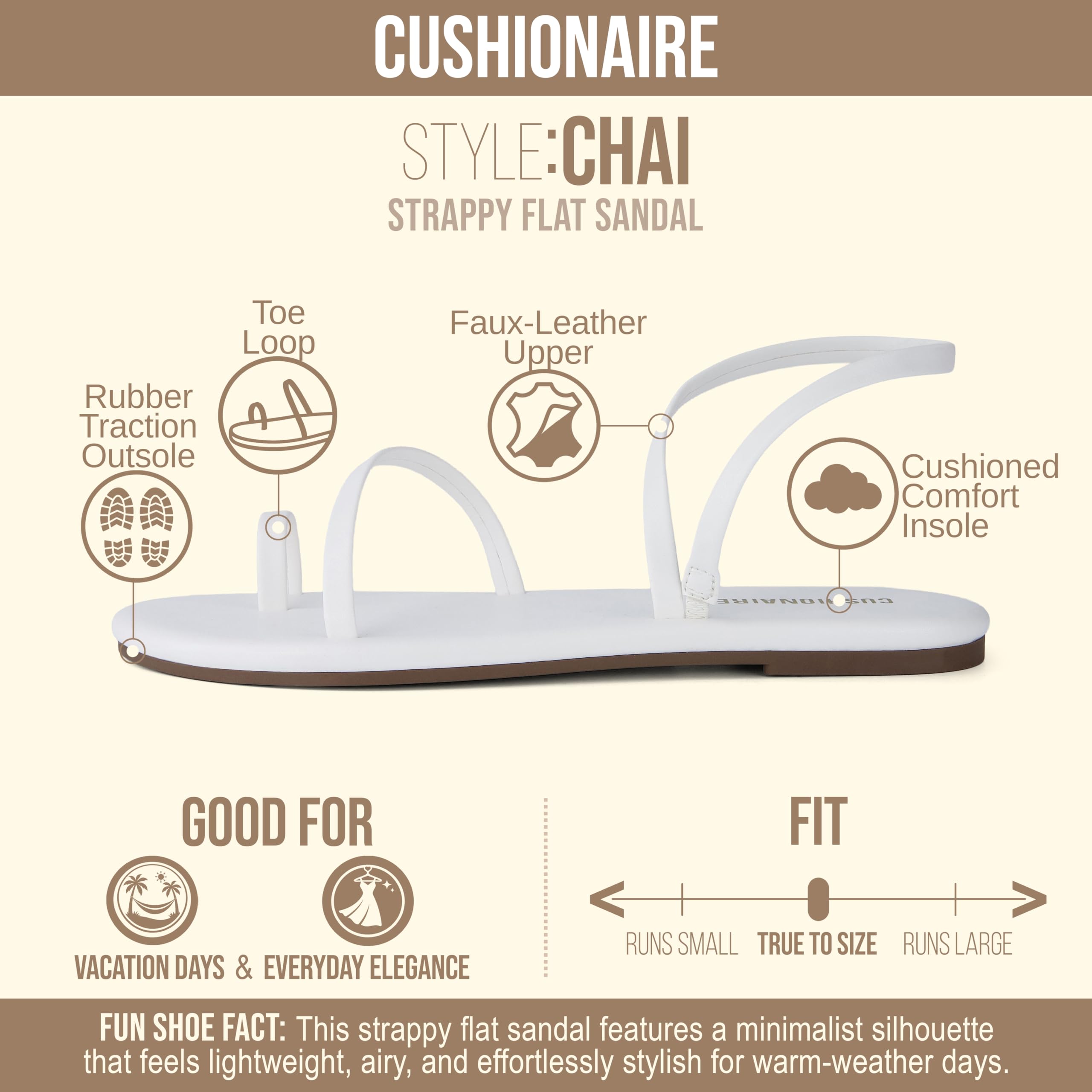 CUSHIONAIRE CHAI Flat Strappy Sandals for Women, Comfortable Dressy Summer Slip-On Sandal with Memory Foam, Ivory 7