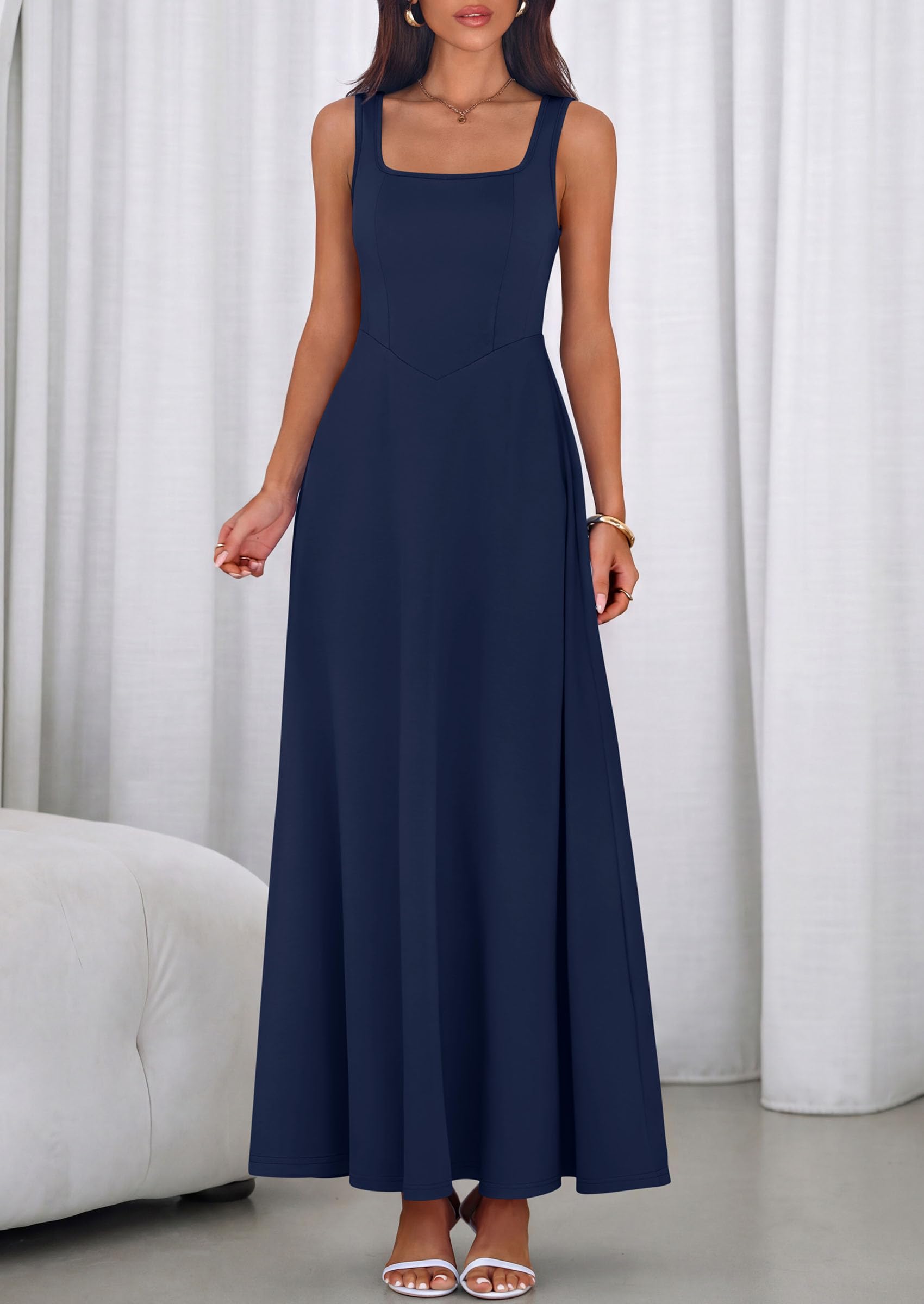 PRETTYGARDEN Womens Summer Dresses 2026 Sleeveless Elegant Square Neck Aline Swing Maxi Beach Wedding Guest Dress Pockets (Navy,Medium)