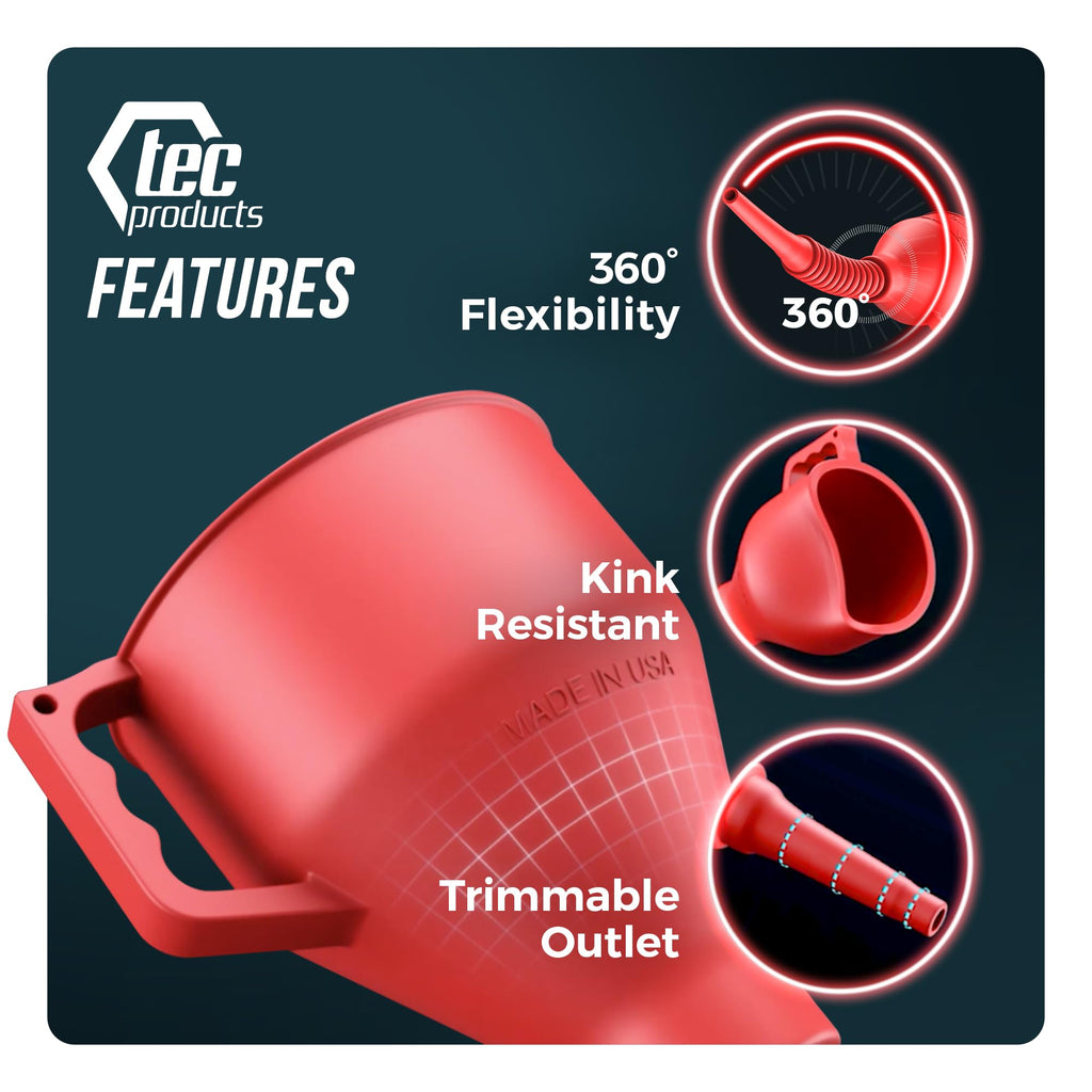 TEC Products FlexAll Long Flexible Funnels - Automotive Oil Funnel with Hose, Durable Nitrile Rubber for Oil Change, Transmission Funnel Fluid, Diesel, Fuel, Gas - Made in USA - Red (16 x 5 Inches)