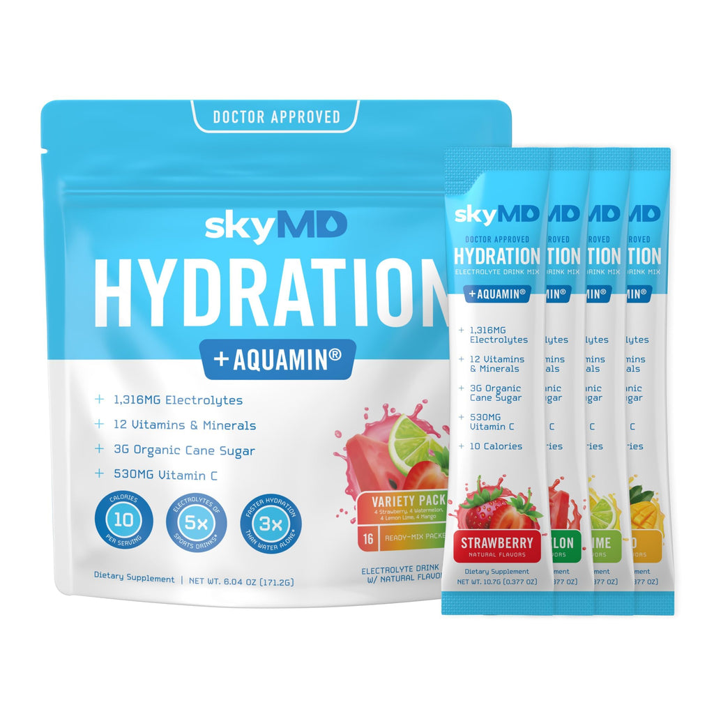 SkyMD Hydration packets with electrolytes powder- Add to water or any liquid- Hydration Multiplier Variety Pack: Lemon Lime, Passion Fruit, Strawberry, Watermelon- Great source of Vitamin C- 16 Sticks
