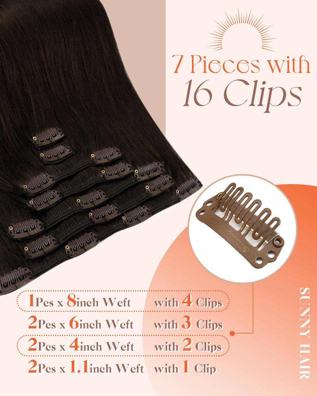 Sunny Hair Clip in Hair Extensions Real Human Hair Double Weft Remy Hair Clip in Extensions Human Hair for Women Full Head Dark Brown 24 inch