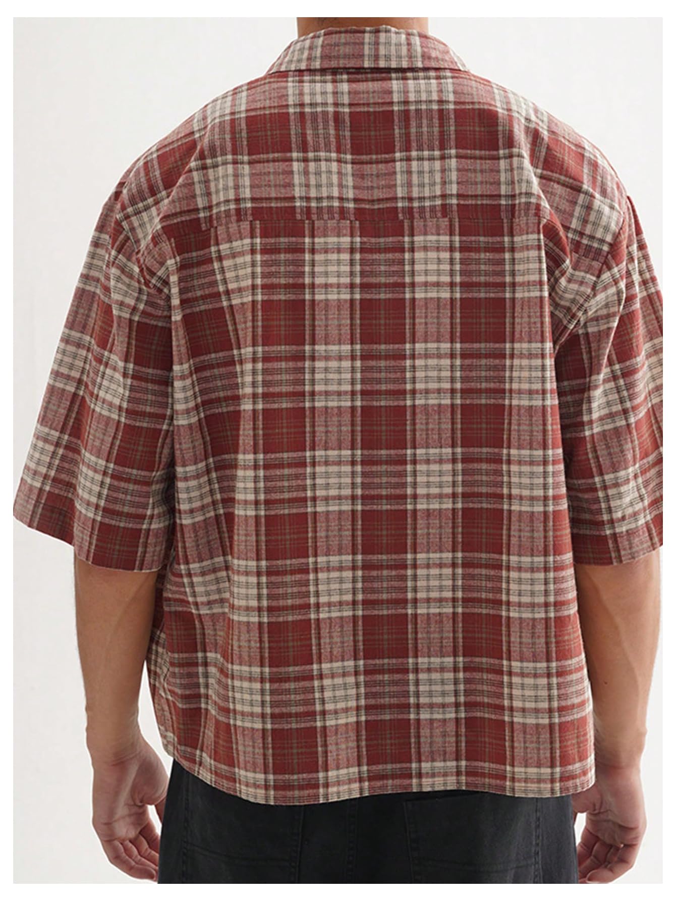GORGLITTER Men's Gingham Cropped Shirt Plaid Button Up Short Sleeve Checkered Vintage Streetwear Crop Tops Tee Red Large