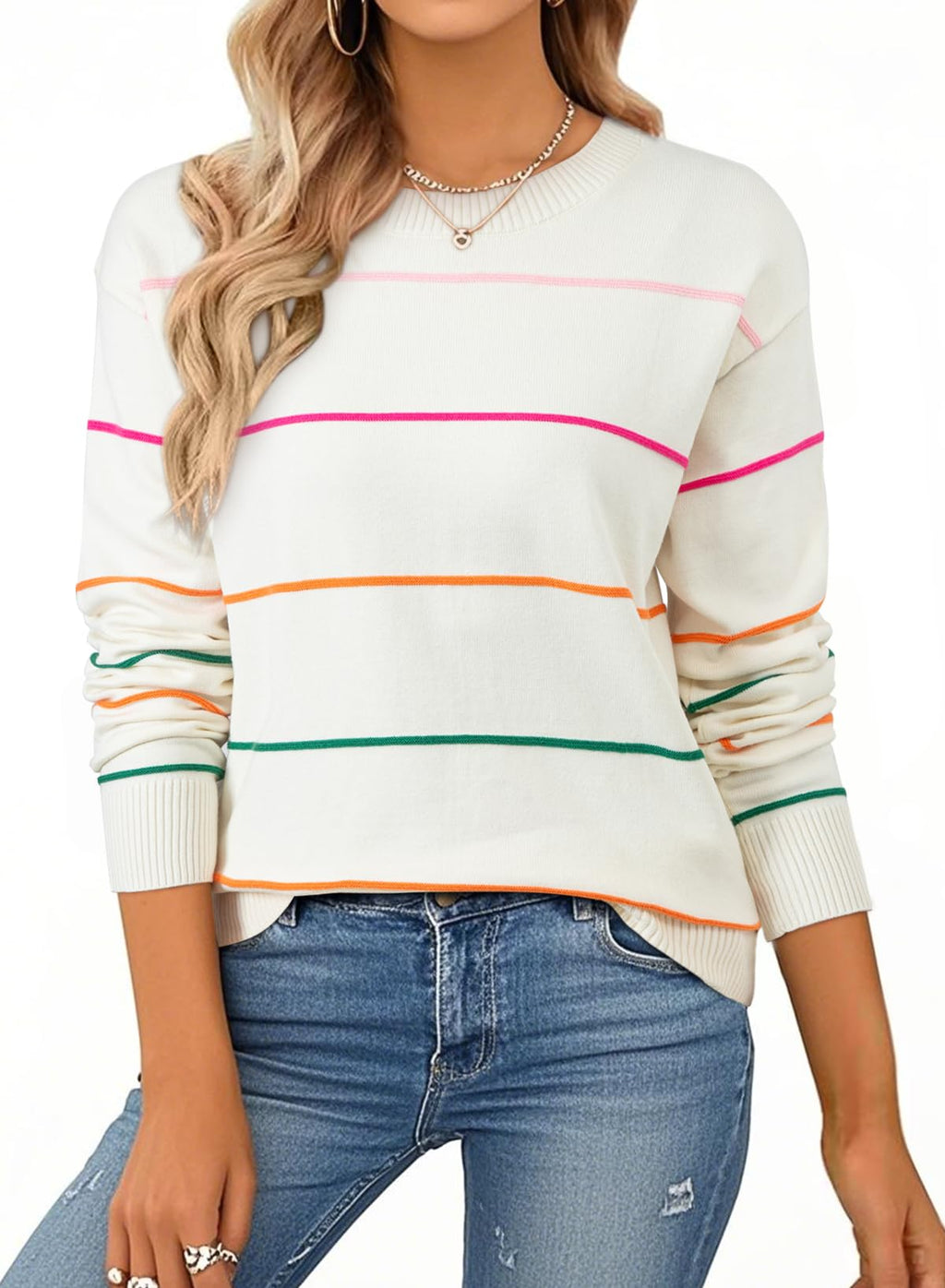 SHEWIN Sweaters for Women Crew Neck Womens Fall Tops Casual Striped Sweater Women Lightweight Womens Tops Dressy Casual Fall Clothes White XX-Large