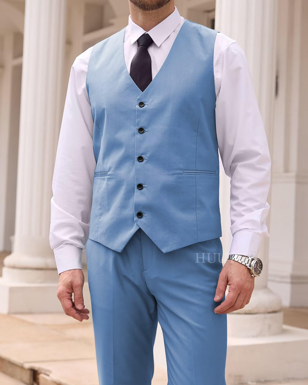 HUUTOE Dusty Blue Suits for Men Slim Fit Prom Wedding Business Party Tuxedo Blazer Vest and Pants Set Size Medium