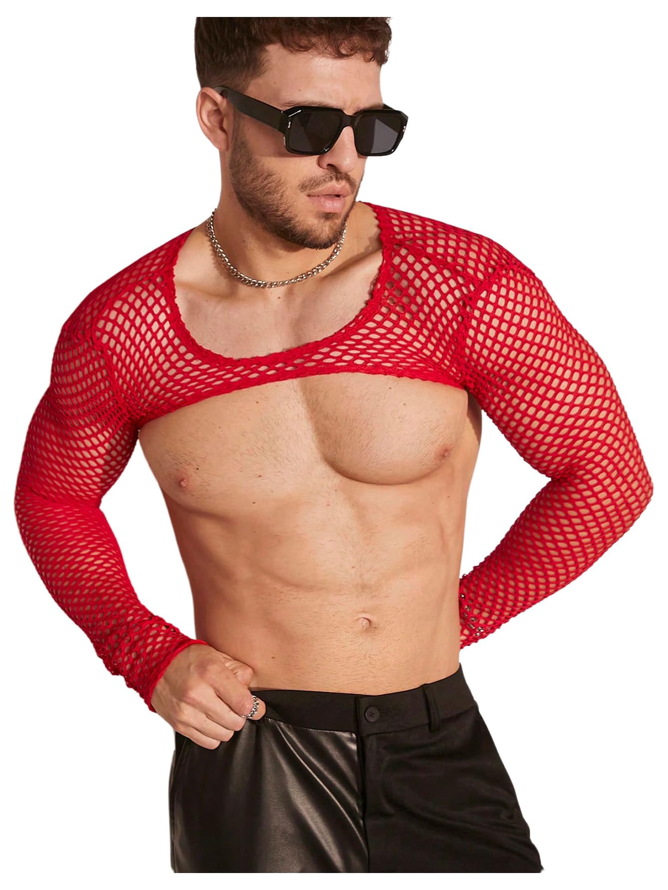 WDIRARA Men's Fishnet Sheer Mesh Long Sleeve T-Shirt Crop Top Slim Fit Party Tee Tops Red Small