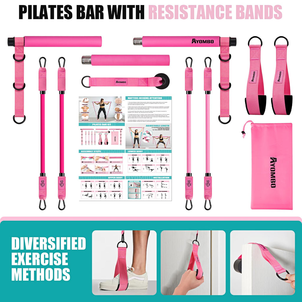 Ayombo Pilates Bar Kit with Resistance Bands, Adjustable Pilates Equipment for Legs, Hip, Waist, Arm, Squats Exercise Equipment for Home Gym Workouts, 3-Section Pilates Bar Kit for Women & Men