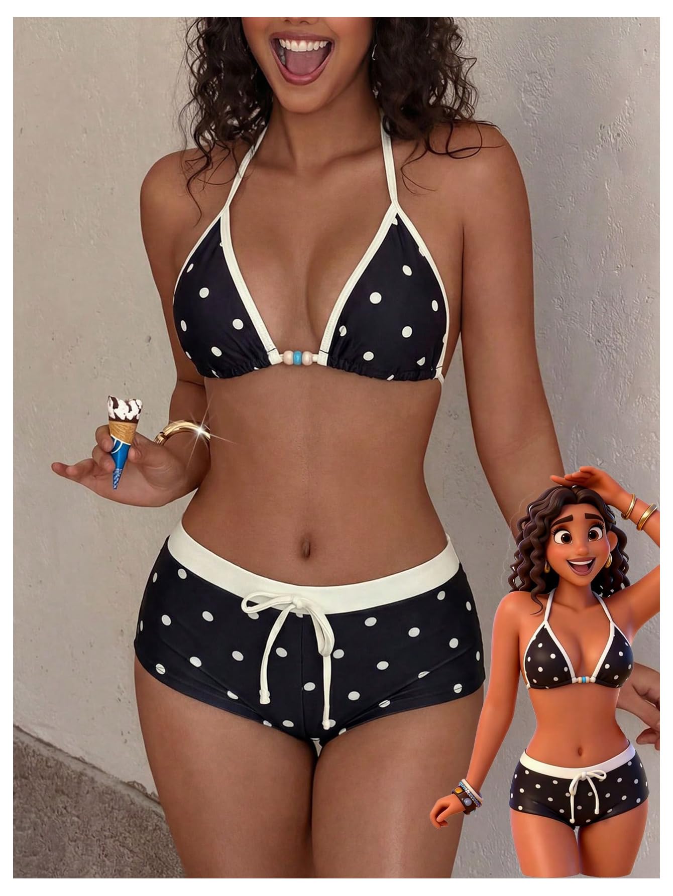 WDIRARA Women's Polka Dots 2 Piece Swimsuit Triangle Halter Bikini Set Boyshorts Bathing Suit Black Medium