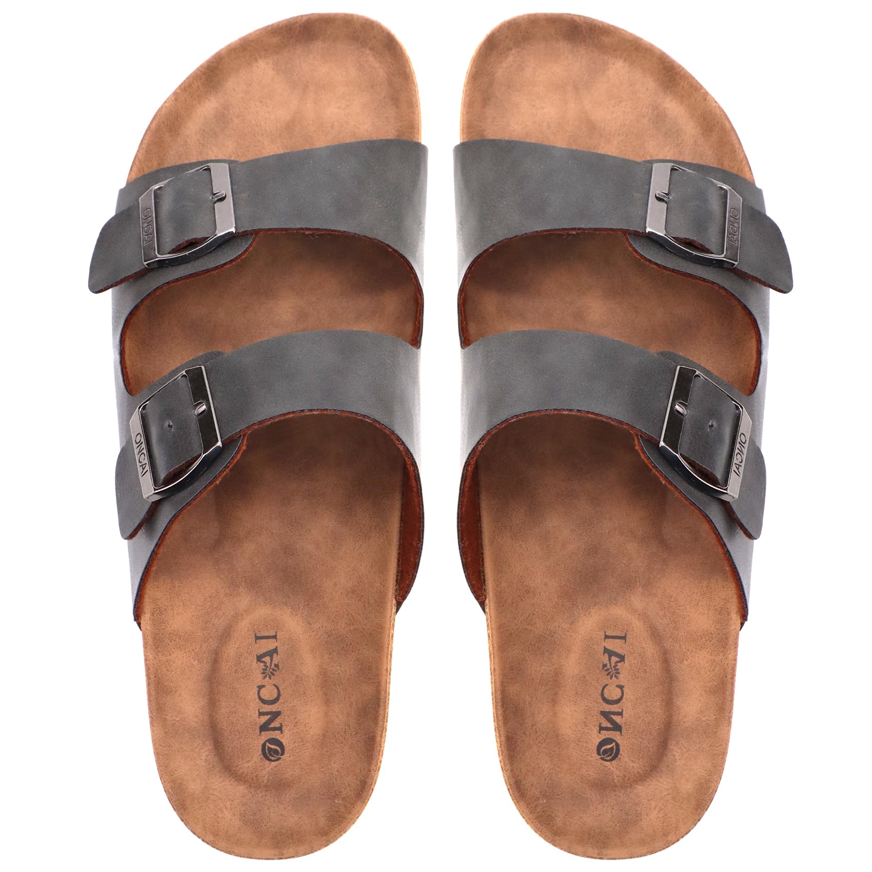ONCAI Mens Slide Sandals，Adjustable Buckle Straps Arch Support Cork Footbed Slippers for Men 2026 Comfortable Casual Summer Beach non Slip Slides Shoes Grey Size 10