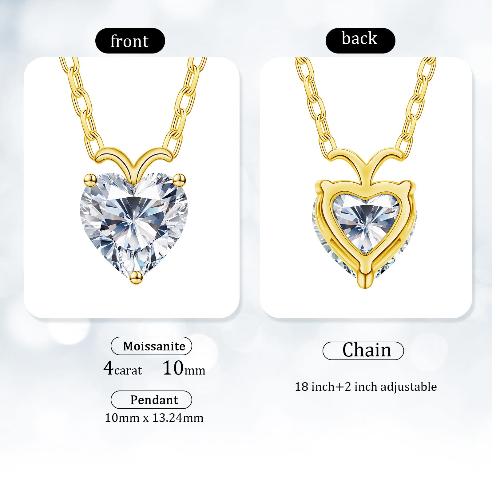 Fullove ForeverLove Heart Gold Necklaces for Women, 4 Carats Heartshap Moissanite, Gold-plated Silver Pendant Jewelry, Anniversary Birthday Gifts for Wife, Girlfriend, Daughter, Mom