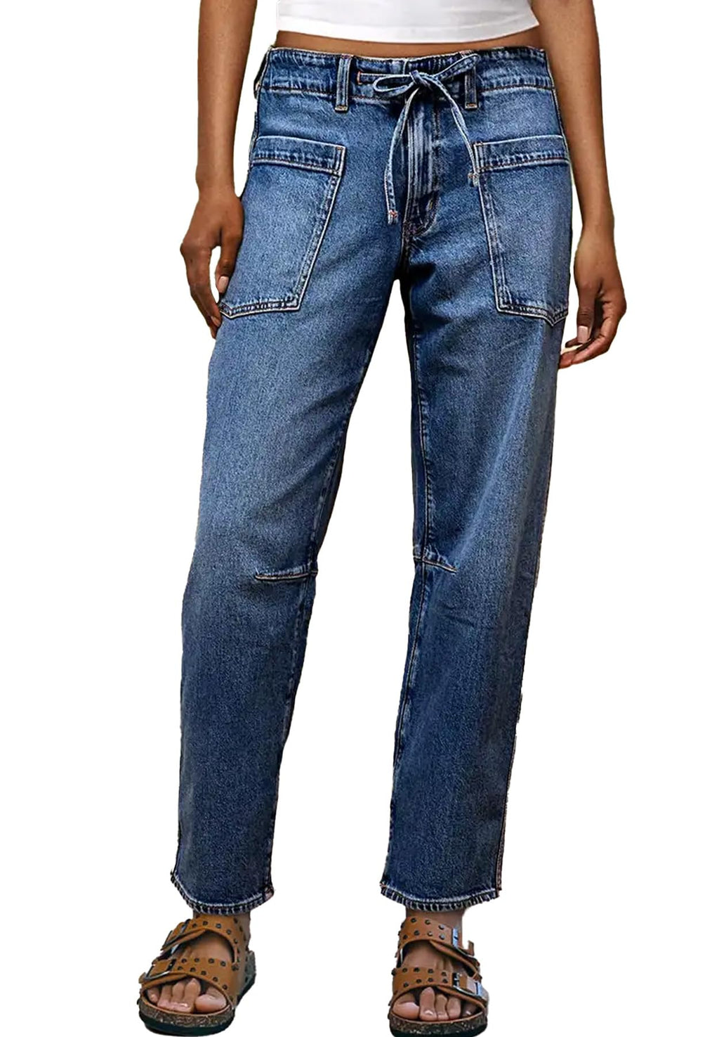 longlugoo Women's Baggy Barrel Jeans Casual Boyfriend Mid Rise Wide Leg Denim Pants with Drawstring Blue